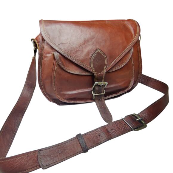 Satchel & Fable 11.5" Crossbody Vintage Brown Leather Handmade Messenger Bag - Picture 1 of 16